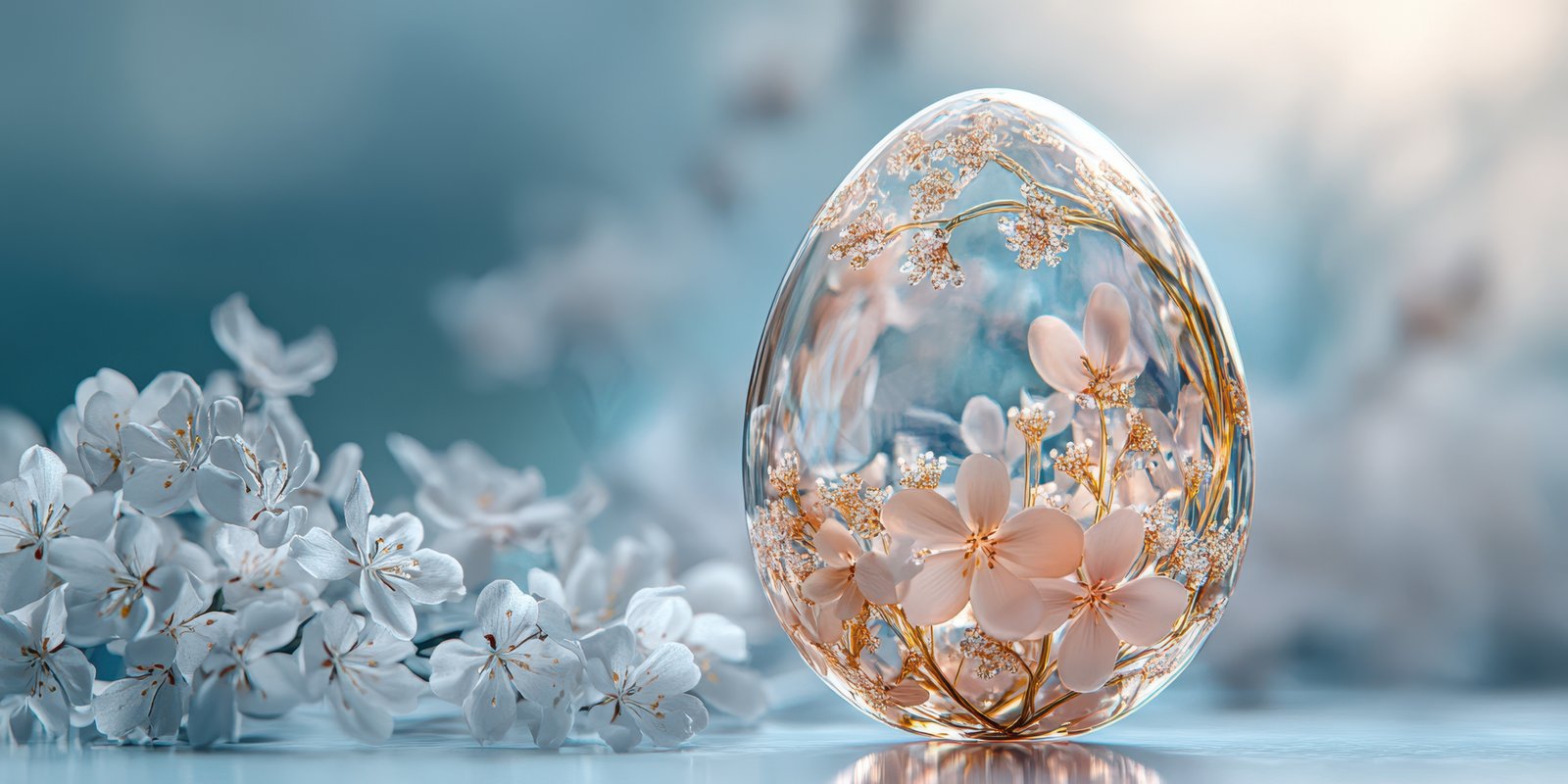 Decorative egg centerpiece featuring delicate flowers in a serene spring setting